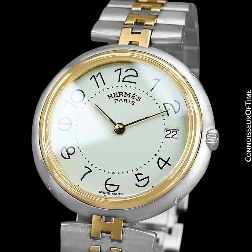 Hermes Profile Unisex Mens Midsize Watch with Bracelet - 18K Gold Plated & Stainless Steel