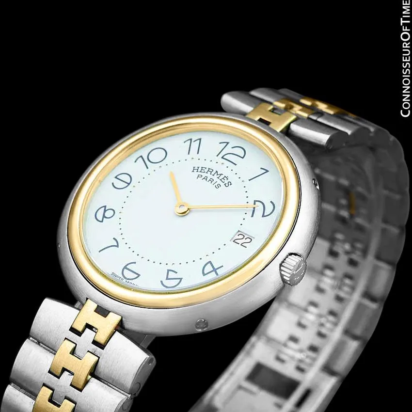 Hermes Profile Unisex Mens Midsize Watch with Bracelet - 18K Gold Plated & Stainless Steel
