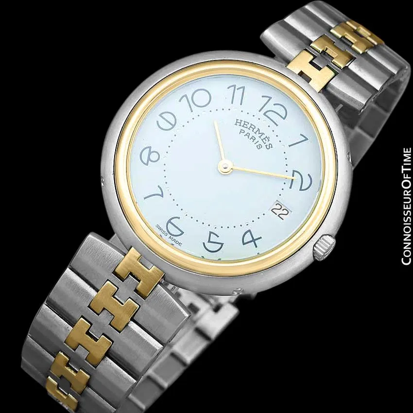 Hermes Profile Unisex Mens Midsize Watch with Bracelet - 18K Gold Plated & Stainless Steel