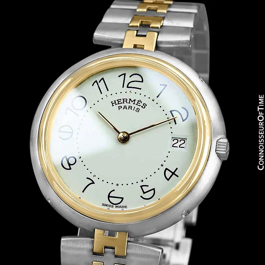Hermes Profile Unisex Mens Midsize Watch with Bracelet - 18K Gold Plated & Stainless Steel