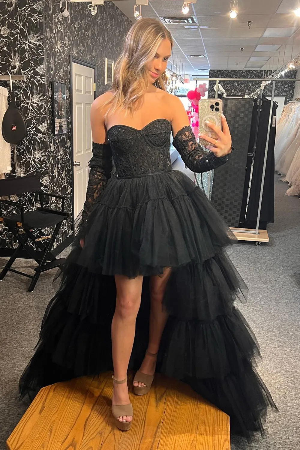 High Low Prom Dress Hot Pink Detachable Sleeves Corset Homecoming Dress with Lace