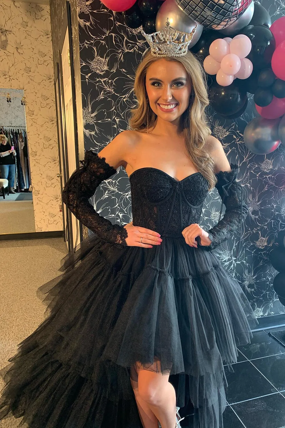 High Low Prom Dress Hot Pink Detachable Sleeves Corset Homecoming Dress with Lace