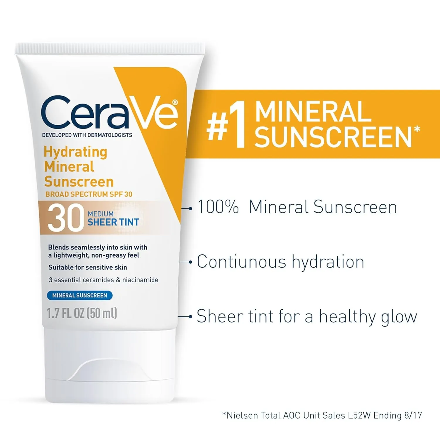 Hydrating Mineral Sunscreen SPF 30 with Sheer Tint, Tinted Mineral Sunscreen with Zinc Oxide & Titanium Dioxide, Blends Seamlessly for Healthy Glow, Medium, 1.7 Fluid Ounce