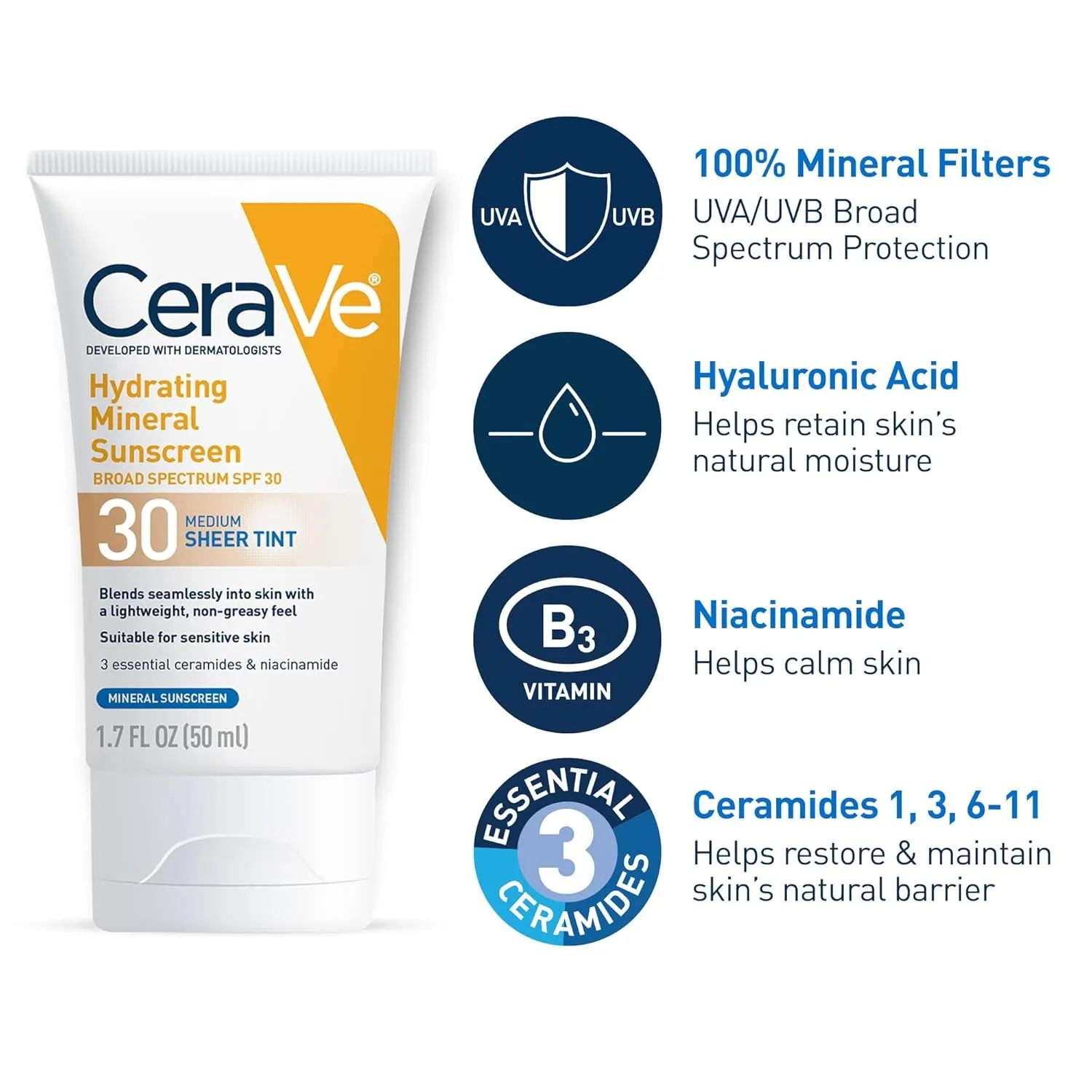 Hydrating Mineral Sunscreen SPF 30 with Sheer Tint, Tinted Mineral Sunscreen with Zinc Oxide & Titanium Dioxide, Blends Seamlessly for Healthy Glow, Medium, 1.7 Fluid Ounce