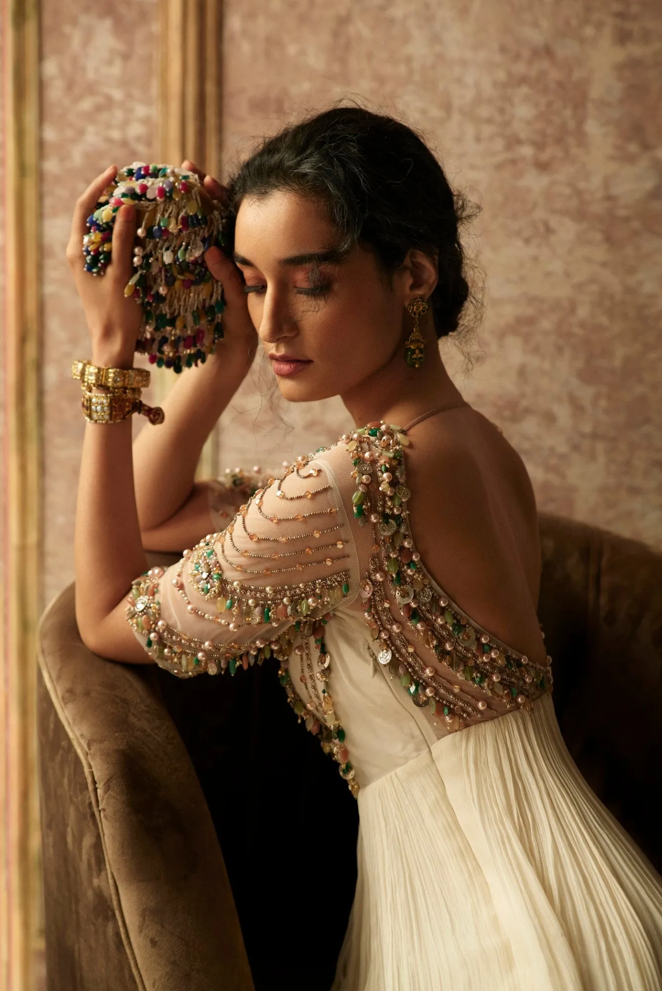 Ivory Jewelled Anarkali And Dupatta