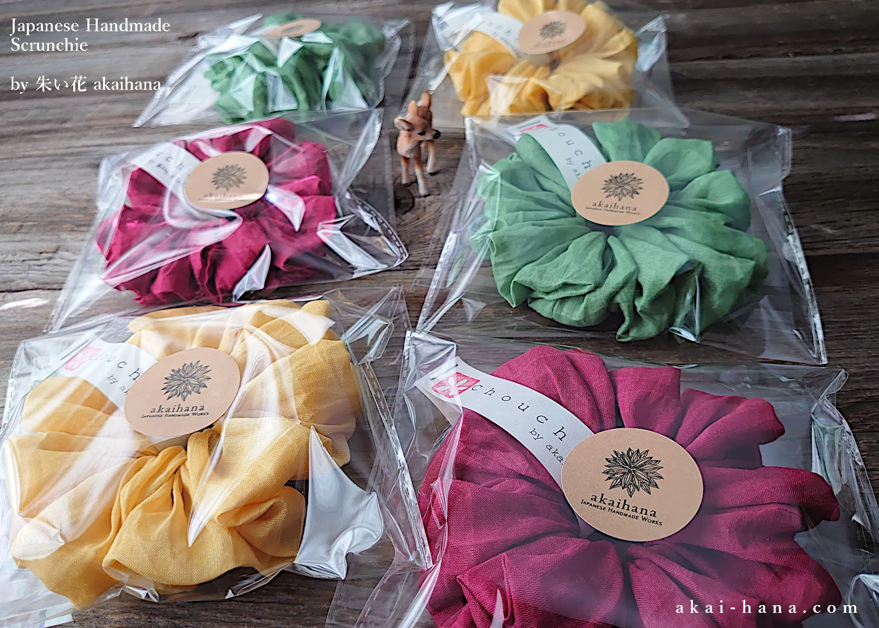 Japanese Handmade Cotton Organdy Scrunchies, Raspberry, Green or Yellow scjf0101-3