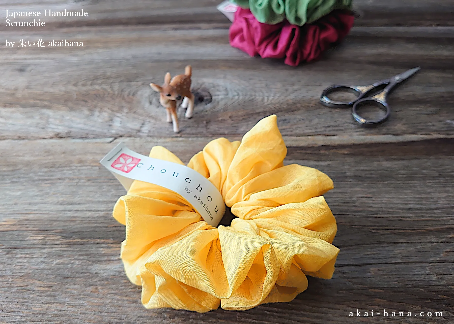 Japanese Handmade Cotton Organdy Scrunchies, Raspberry, Green or Yellow scjf0101-3
