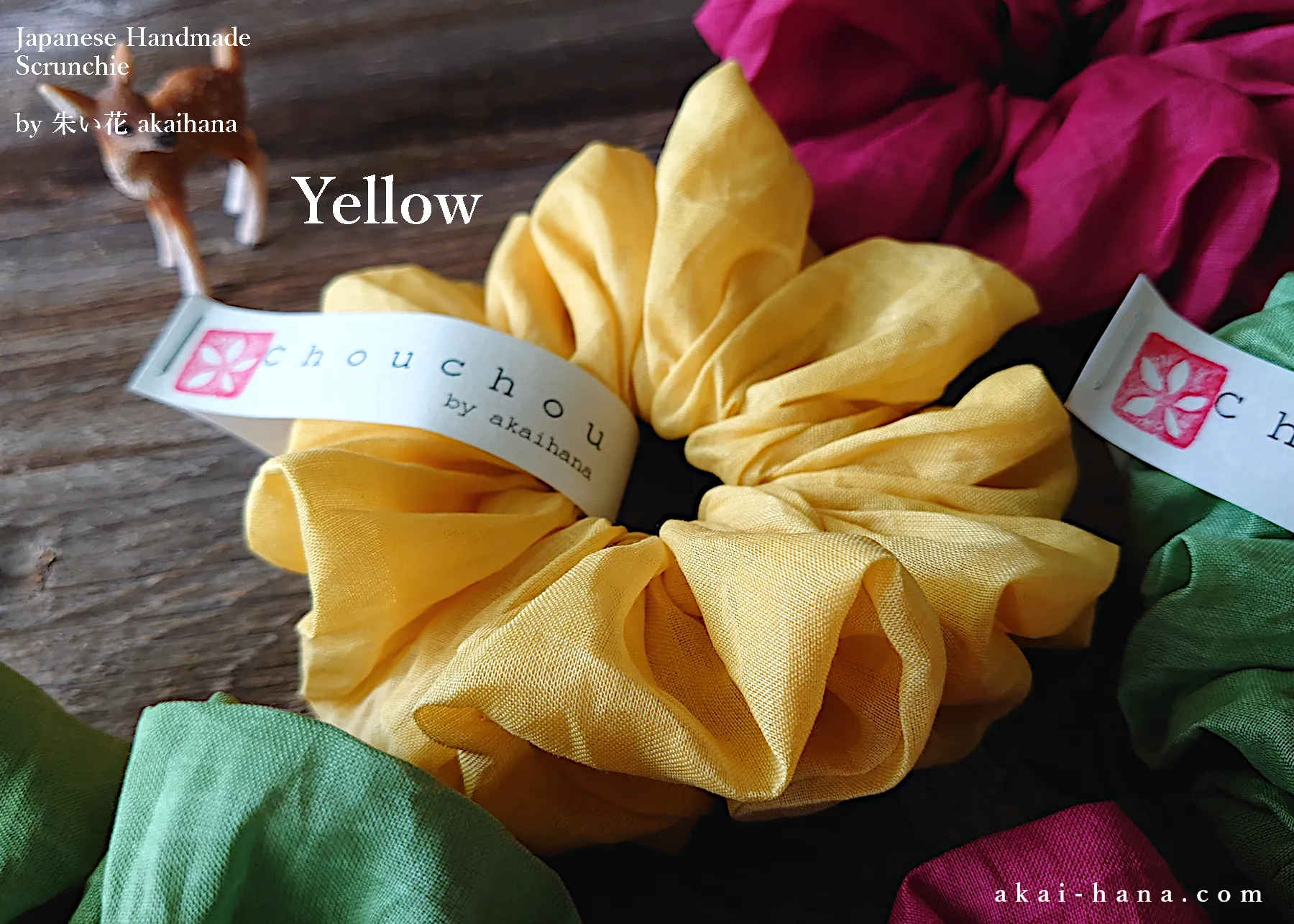 Japanese Handmade Cotton Organdy Scrunchies, Raspberry, Green or Yellow scjf0101-3