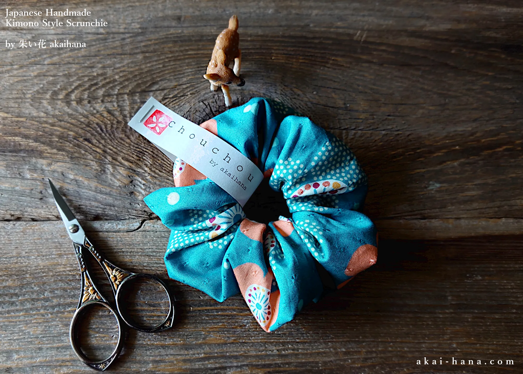 Japanese Handmade Scrunchies, Aqua Floral, scjf0056
