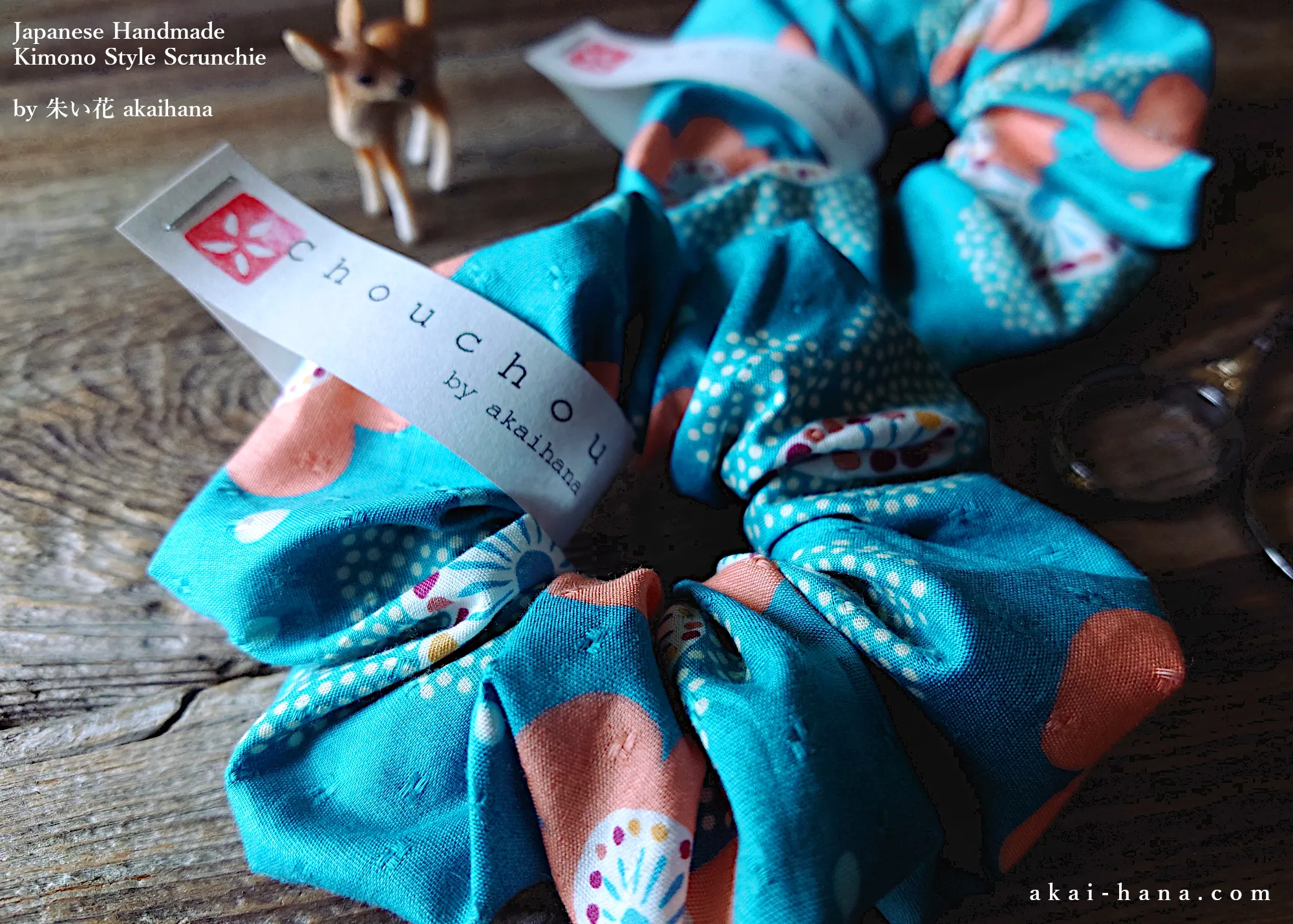 Japanese Handmade Scrunchies, Aqua Floral, scjf0056