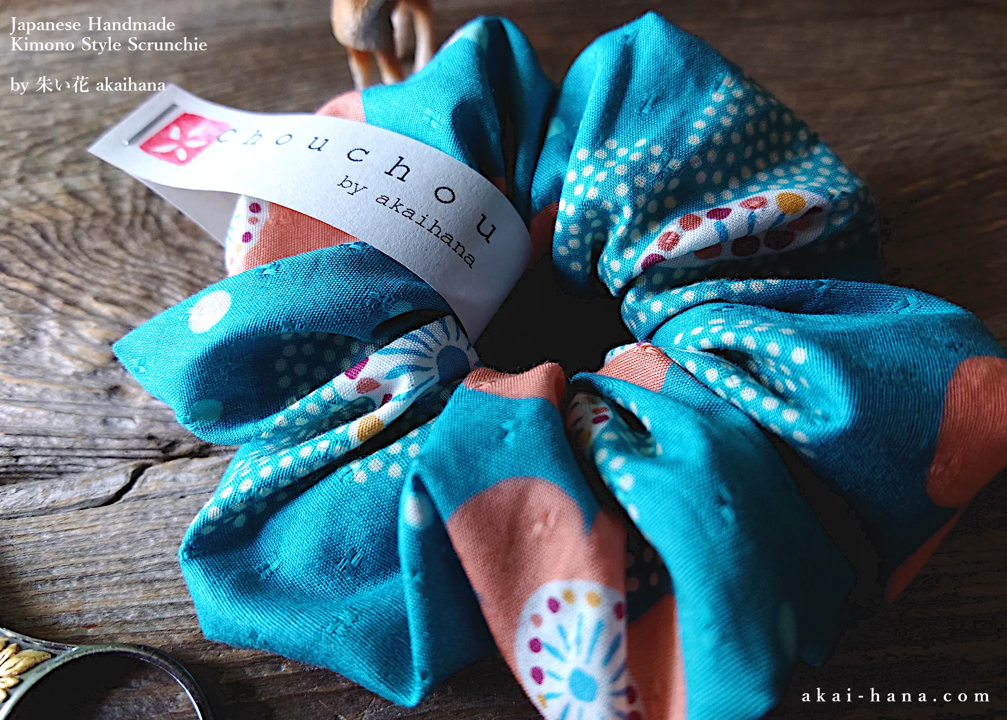 Japanese Handmade Scrunchies, Aqua Floral, scjf0056