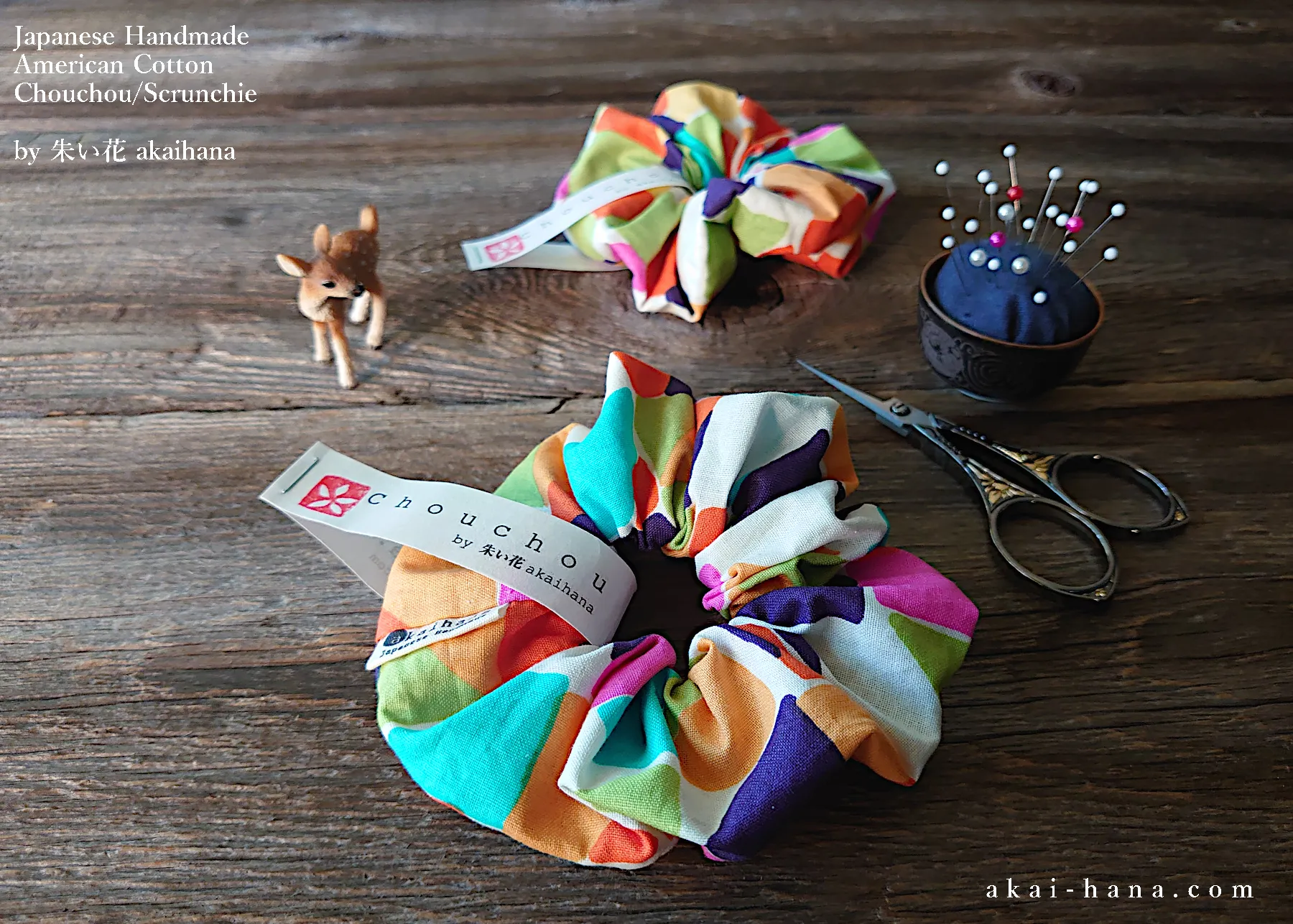Japanese Handmade Scrunchies, Rainbow Tiles, scaf0004