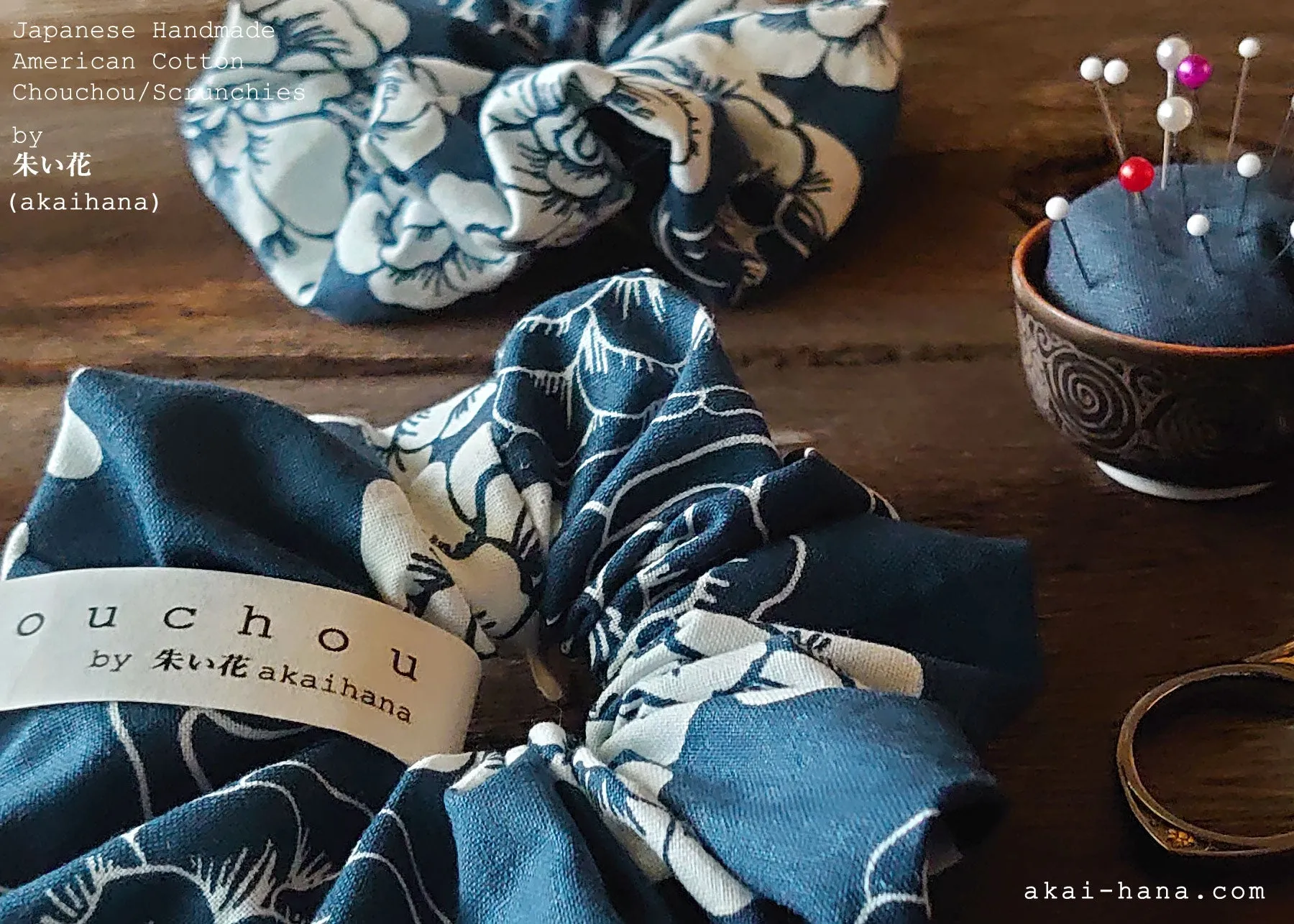 Japanese Handmade Scrunchies, Rustic Navy Floral, scaf0013
