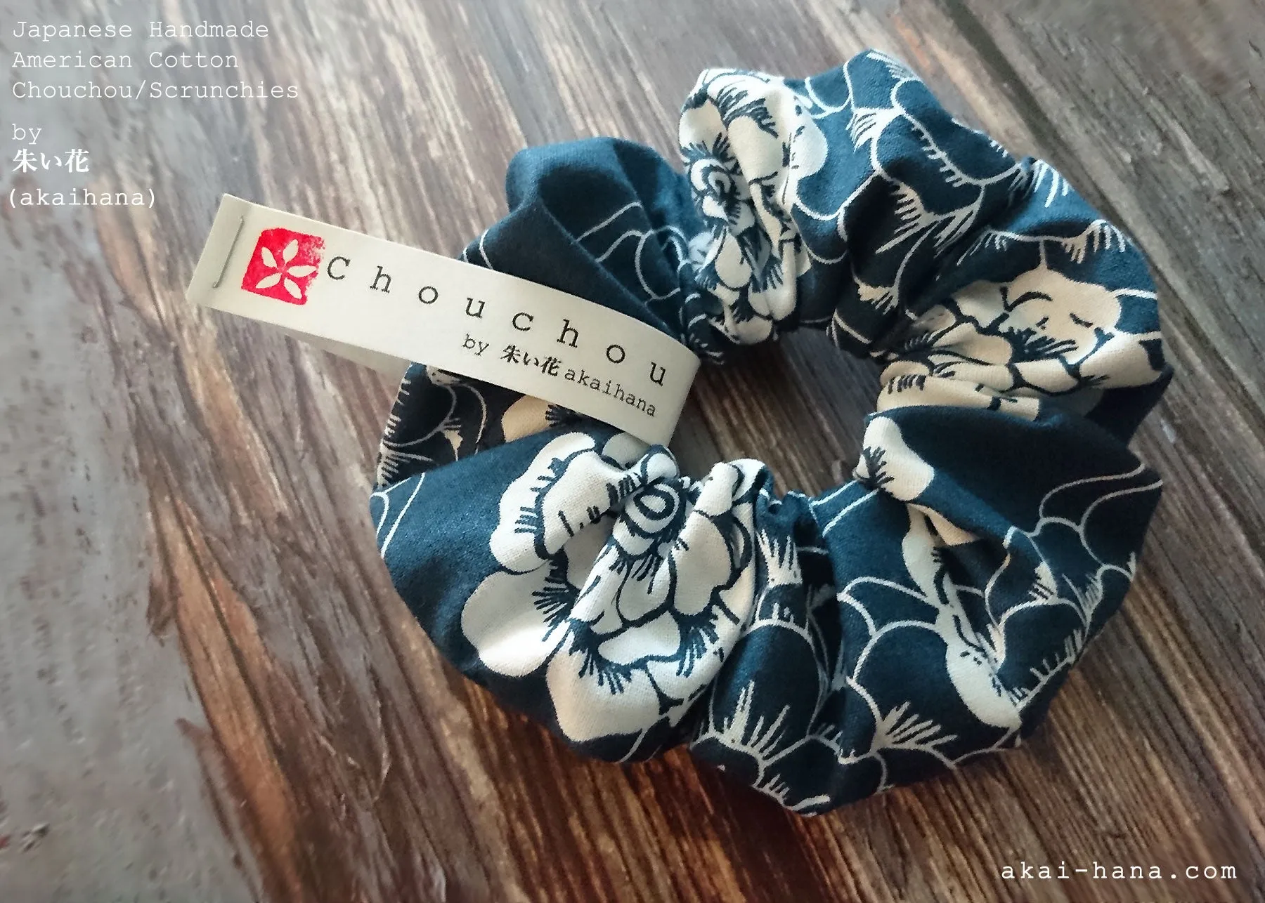 Japanese Handmade Scrunchies, Rustic Navy Floral, scaf0013