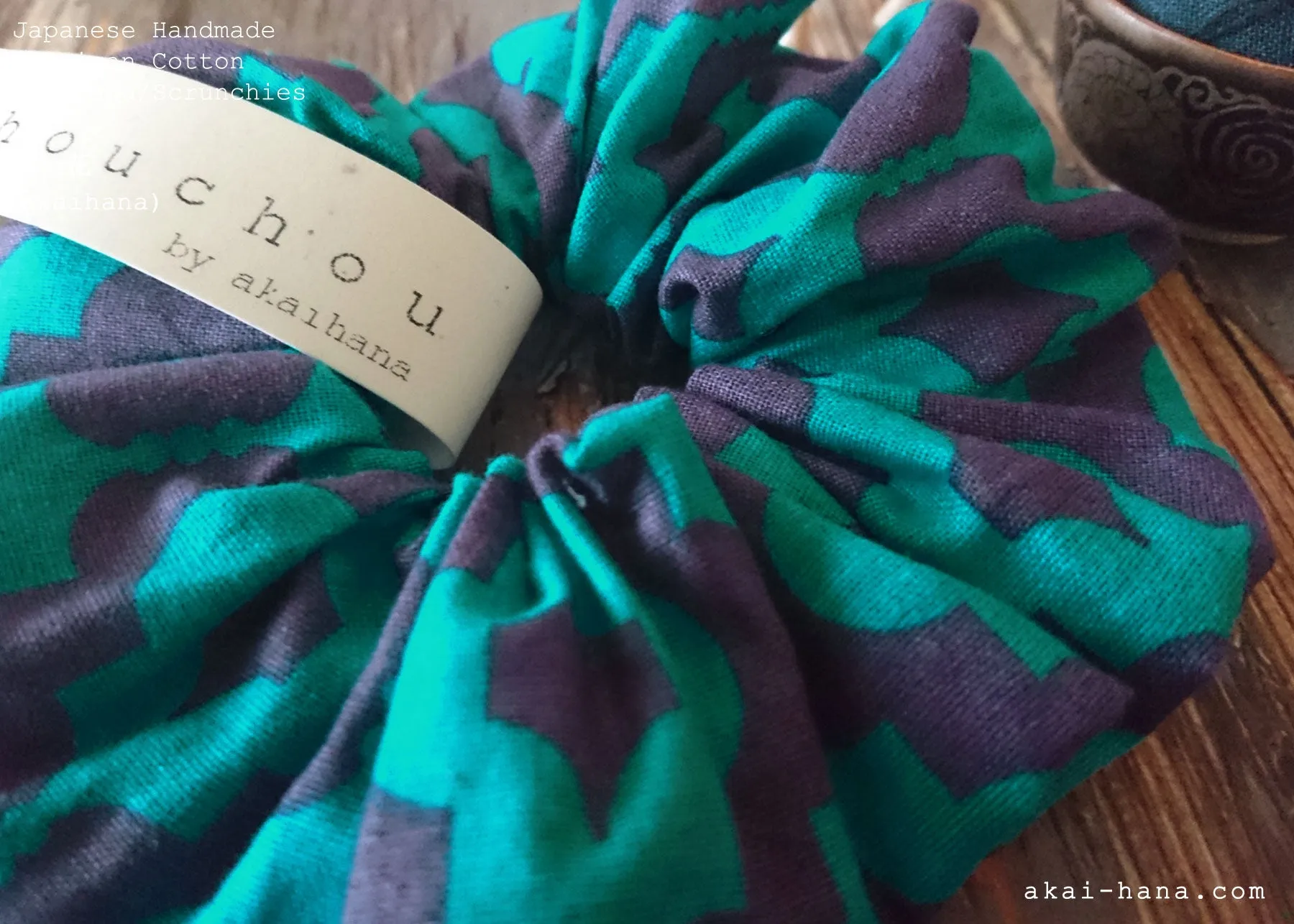 Japanese Handmade Scrunchies, Turquoise Geometry, scaf0017