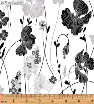 Kanvas Studio Midnight Garden White Silver Metallic Cotton Fabric 7881P-09-White