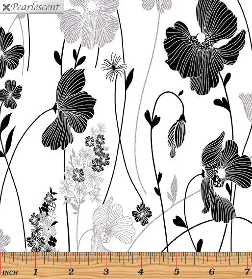 Kanvas Studio Midnight Garden White Silver Metallic Cotton Fabric 7881P-09-White