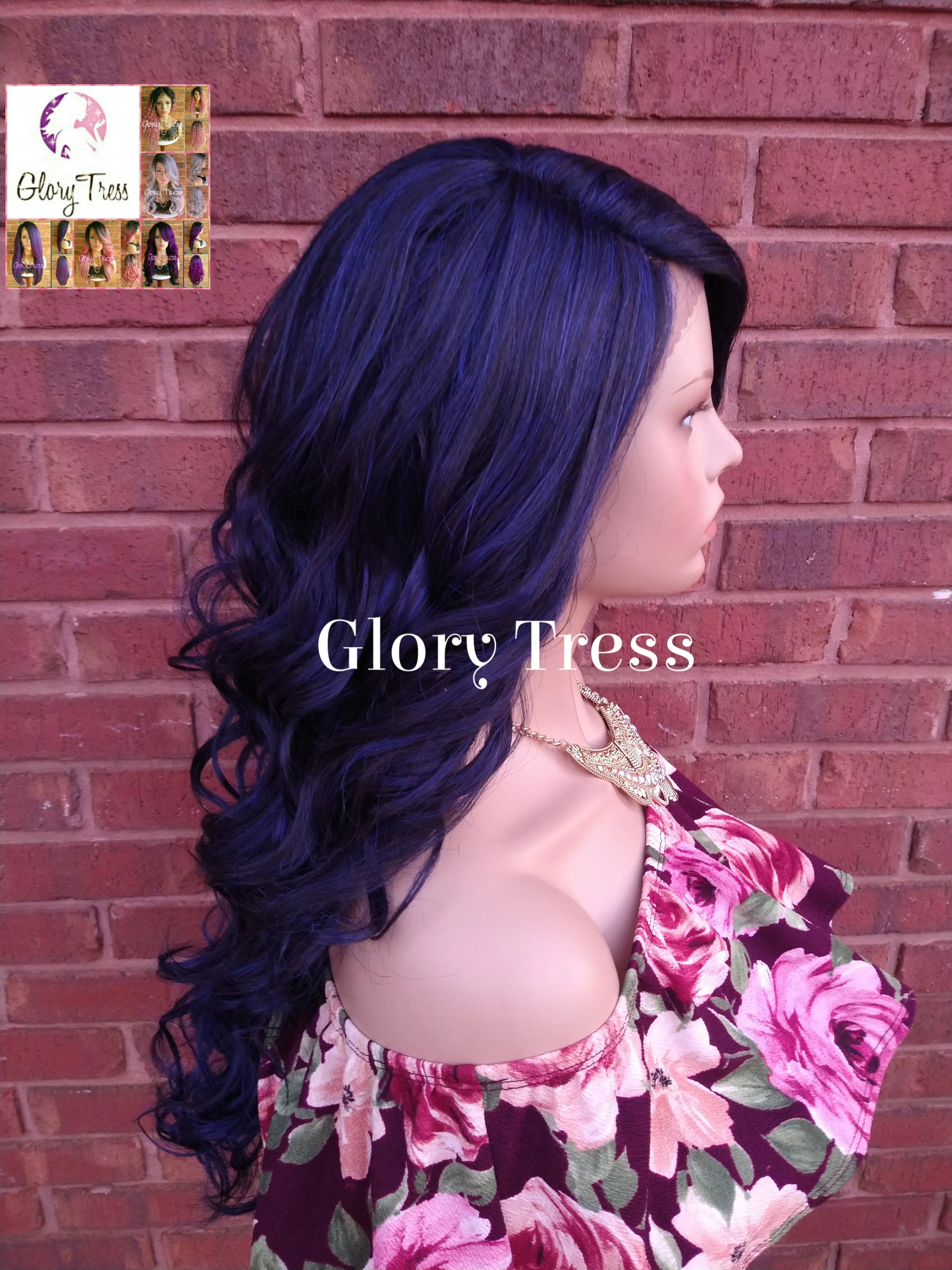 Lace Front Wig, Blue & Black Wig, Glory Tress Wigs, Long Loose Curly Lace Front Wig // GRACEFULNESS