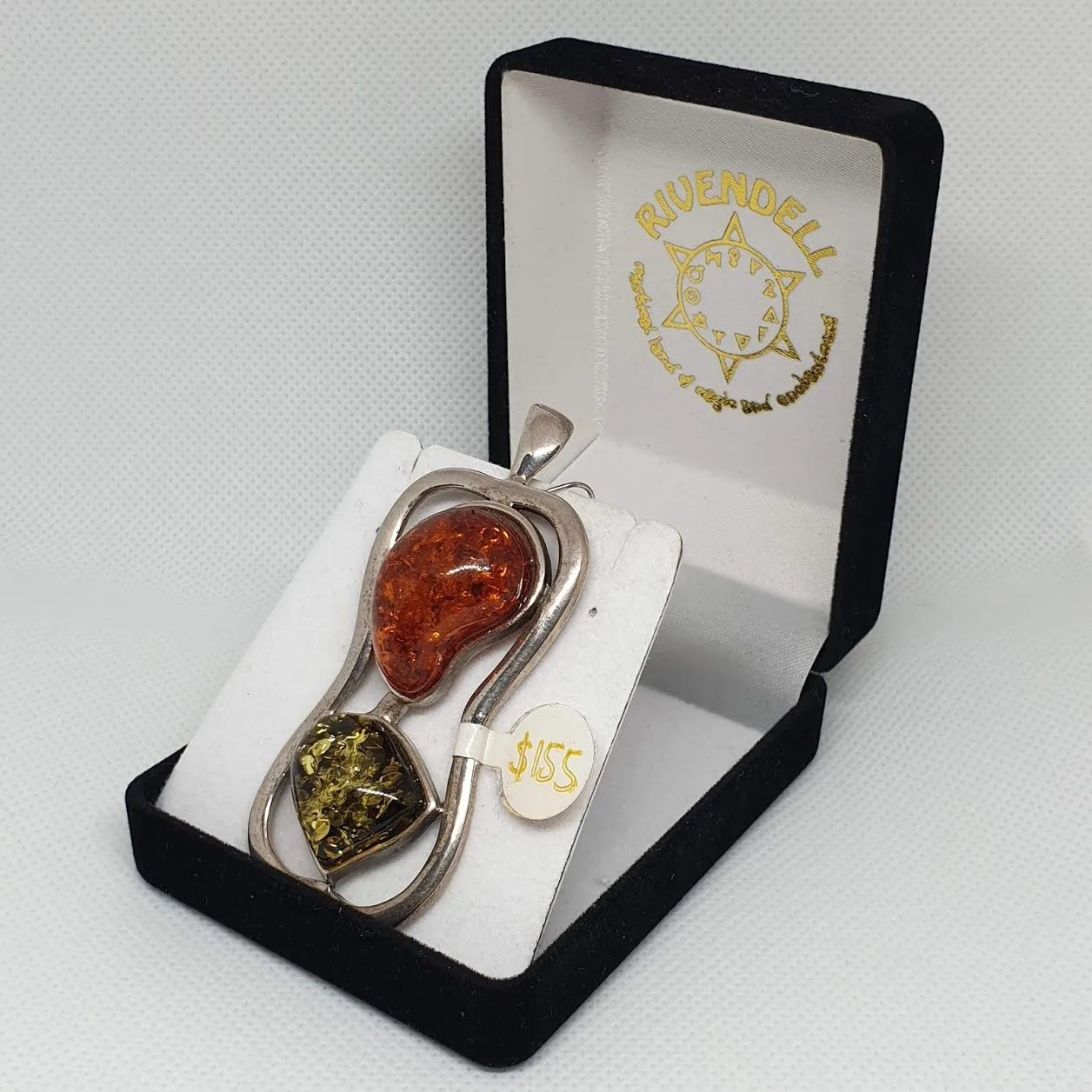 Large Multi-coloured Rectangular Amber 925 Sterling Silver Pendant