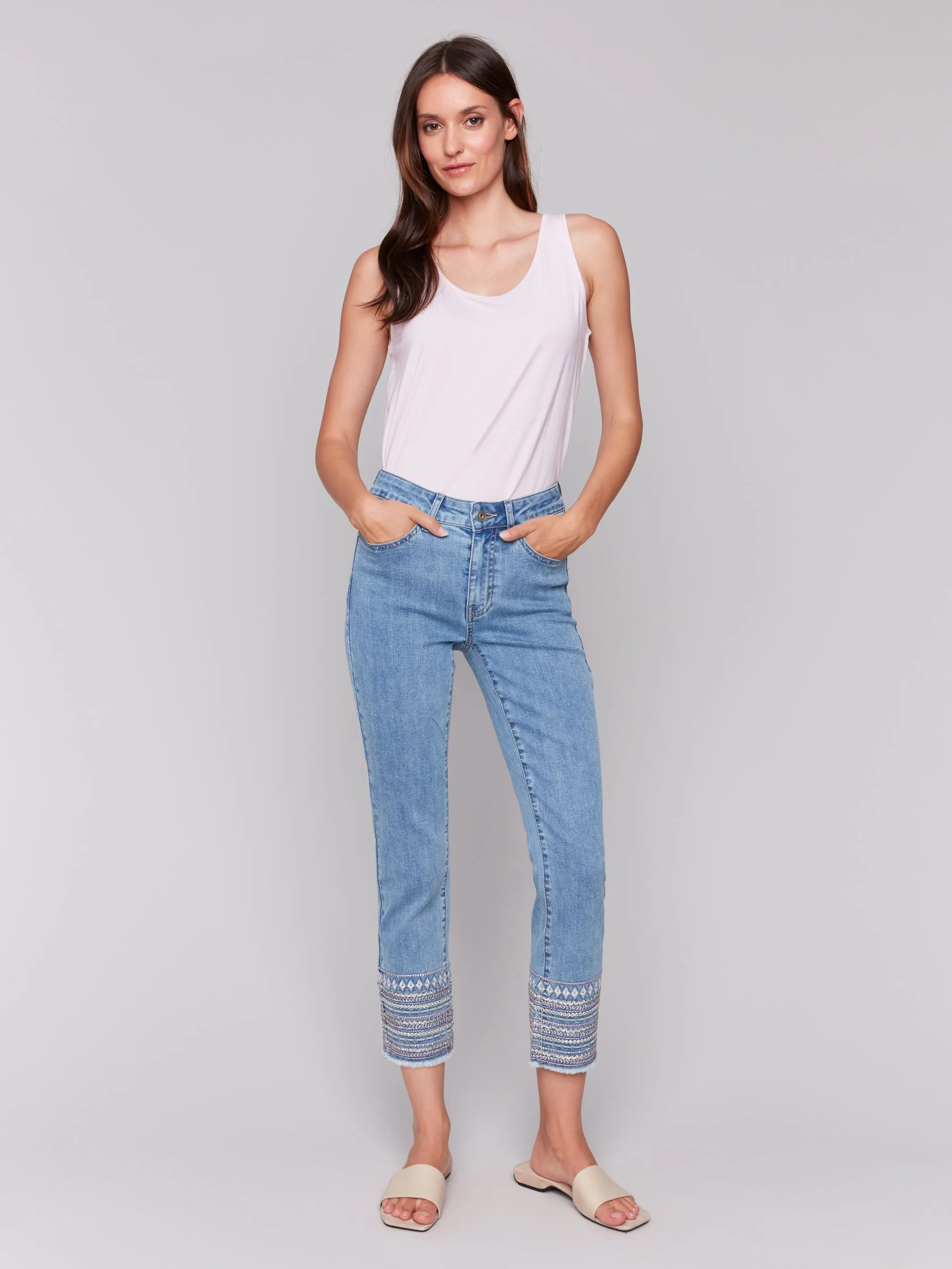 Light Blue Embroidery Cuff Jeans