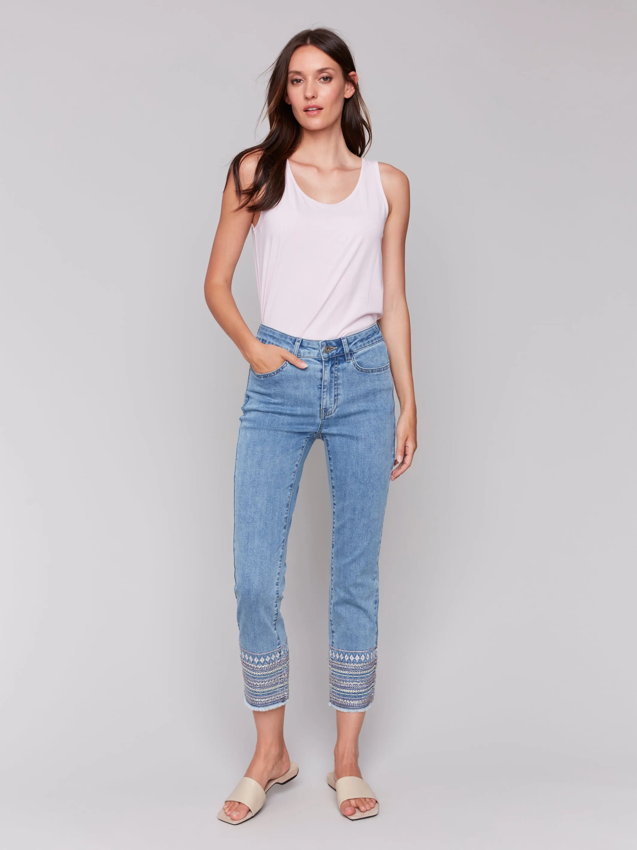 Light Blue Embroidery Cuff Jeans