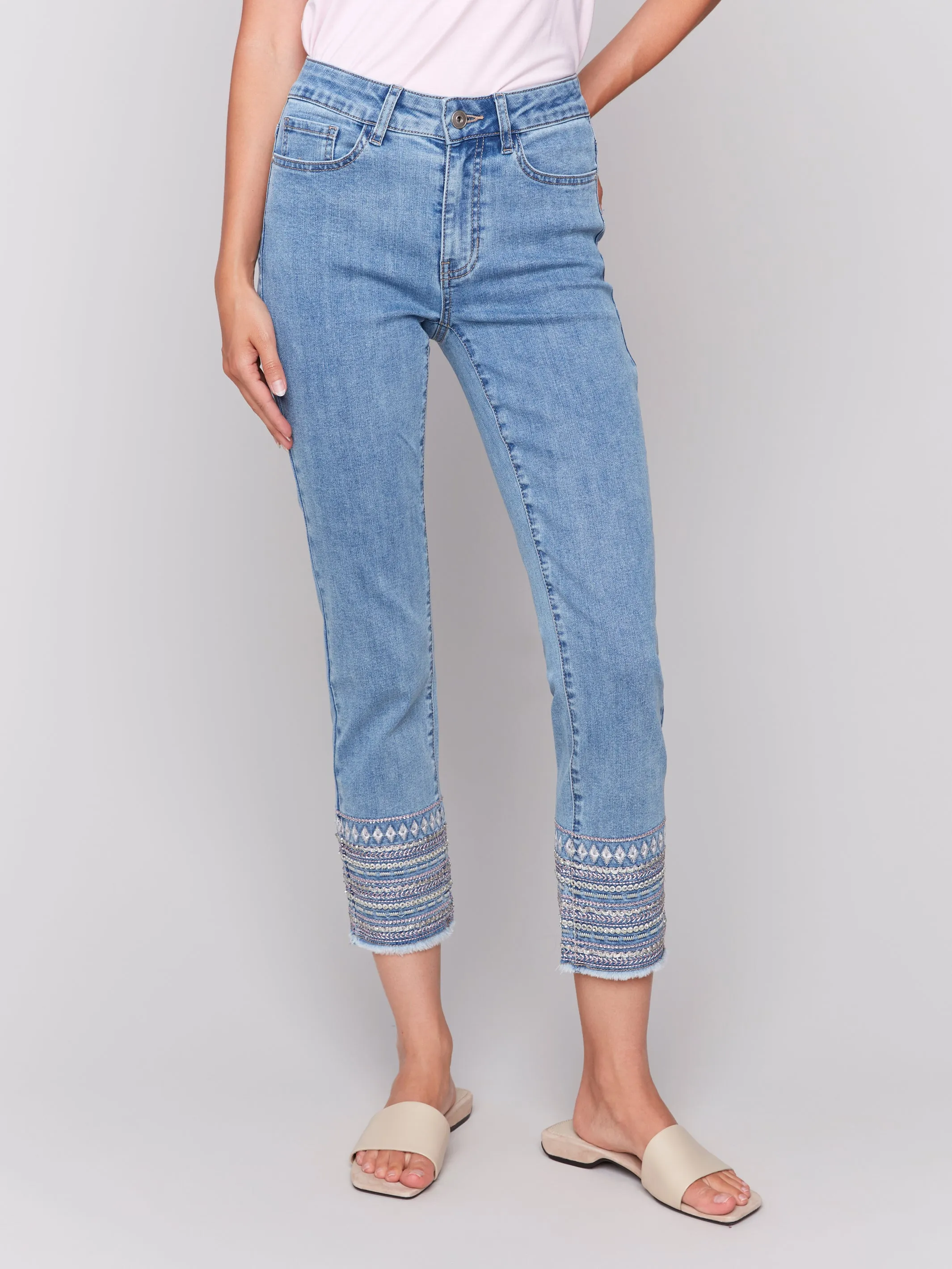 Light Blue Embroidery Cuff Jeans