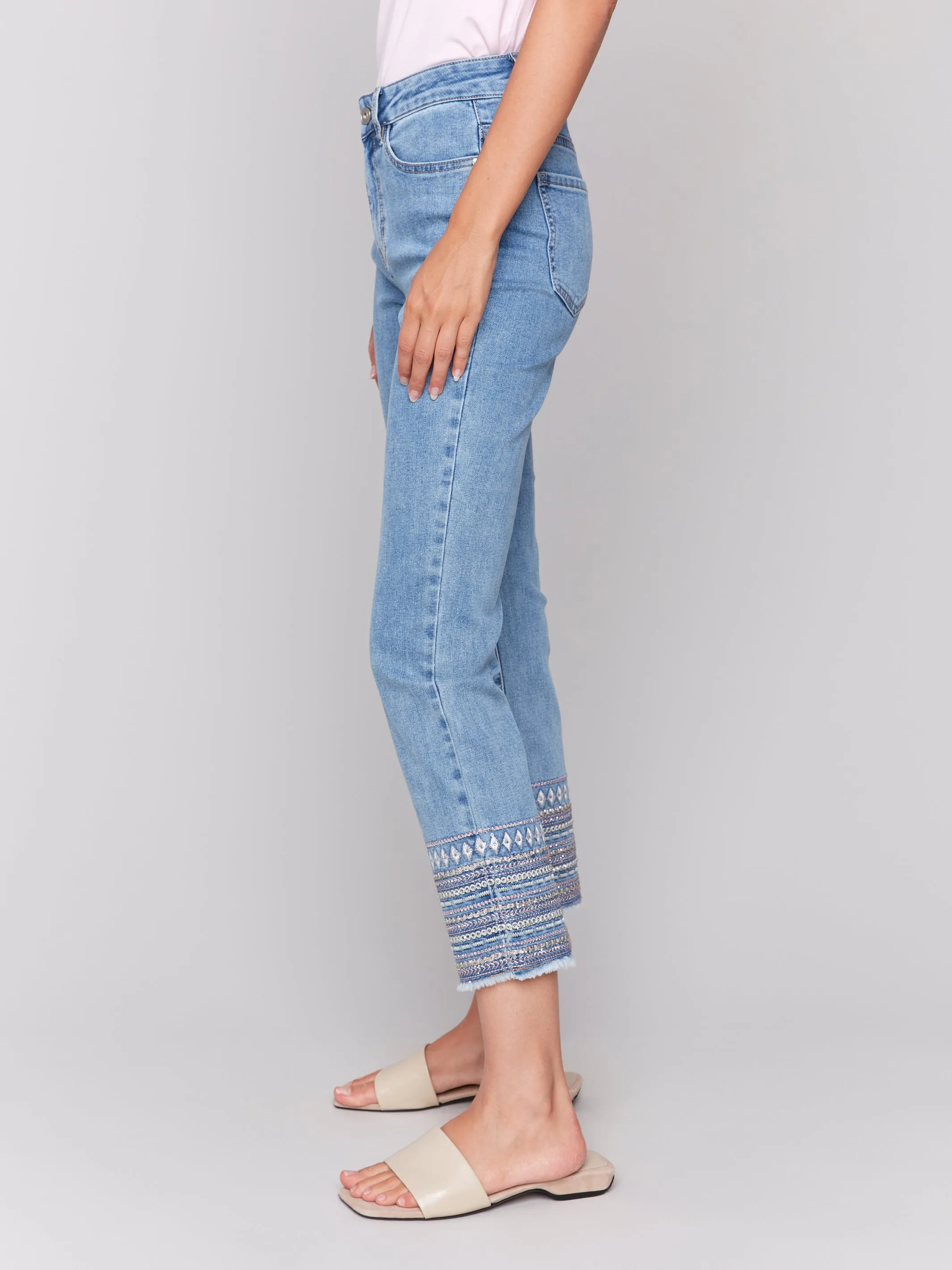 Light Blue Embroidery Cuff Jeans