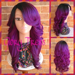 Long & Curly Lace Front Wig, Ombre Purple Wig, Dark Rooted Bombshell Wig // SALVATION (Free Shipping)