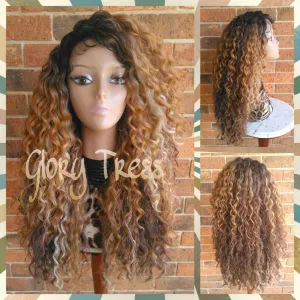 Long Kinky Curly Lace Front Wig, Ombre wig, Curly Blonde Wig, Beach Curls // RESTORE ( Free Shipping )