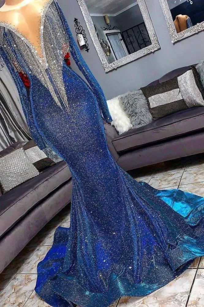 Luxurious Sequins Long Sleevess Mermaid Sheer Neckline Prom Dress