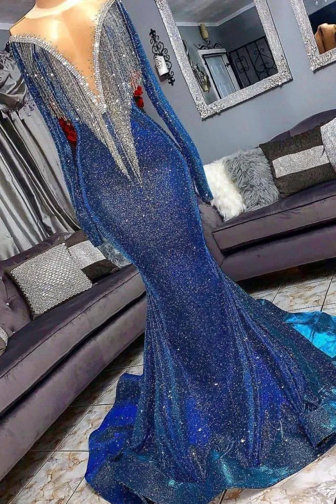 Luxurious Sequins Long Sleevess Mermaid Sheer Neckline Prom Dress