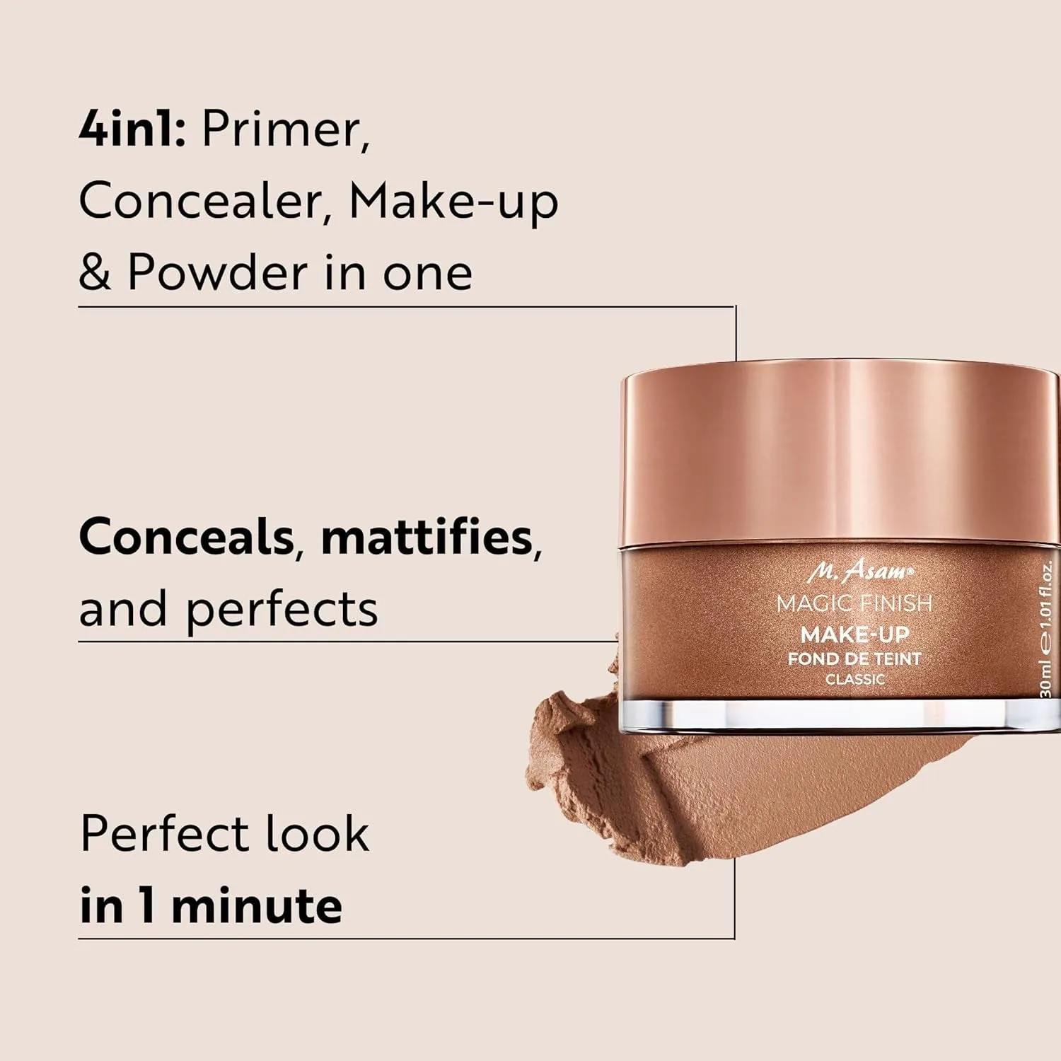 Magic Finish Make-Up Mousse (1.01 Fl Oz) – 4In1 Primer, Foundation, Concealer & Powder with Buildable Coverage, Hides Redness and Dark Spots, Vegan, for Light to Medium Skin Tones