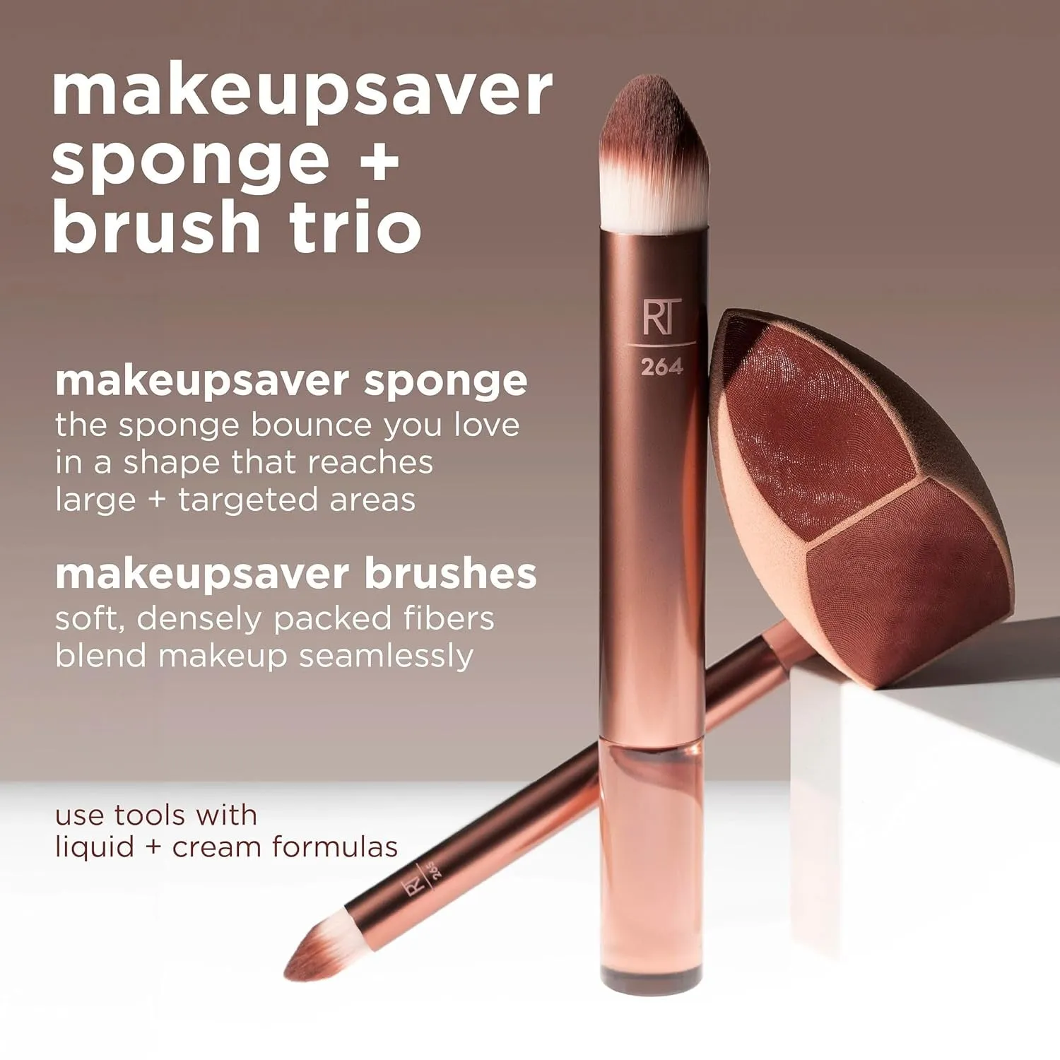 Makeupsaver Sponge   Brush Trio, Makeup Blending Sponge & Brushes for Liquid & Cream Formulations, Mimics Finger Application & Reduces Makeup Waste, Cruelty & Latex-Free 3 Piece Set