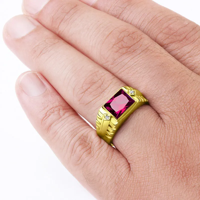 Men's Ring Natural Diamonds and Ruby Gemstone in 10k Yellow Gold