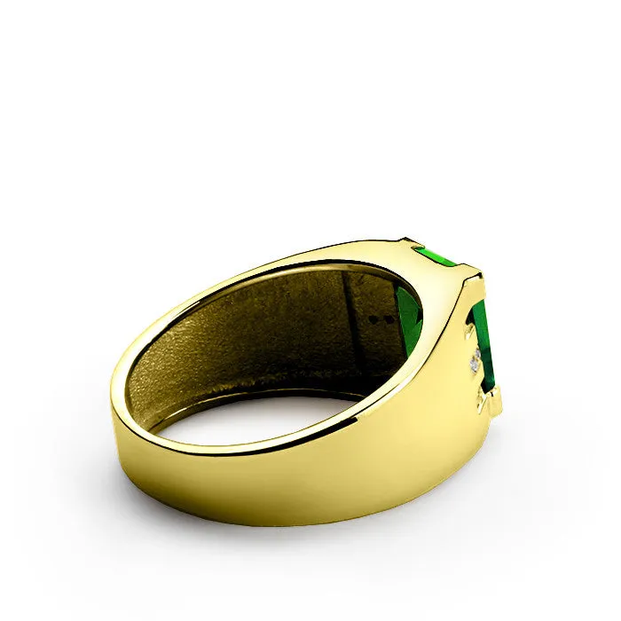 Men's Ring with Green Emerald and Diamonds in 14k Yellow Gold