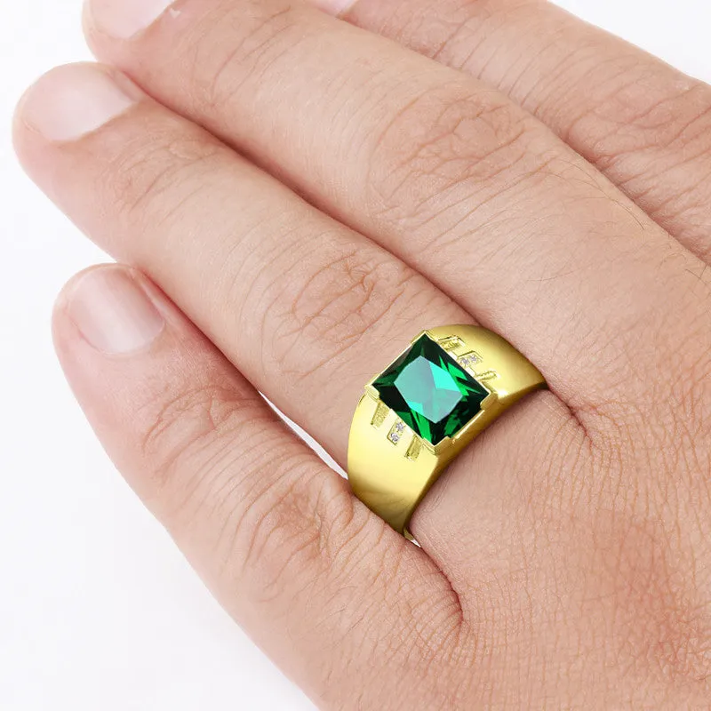 Men's Ring with Green Emerald and Diamonds in 14k Yellow Gold