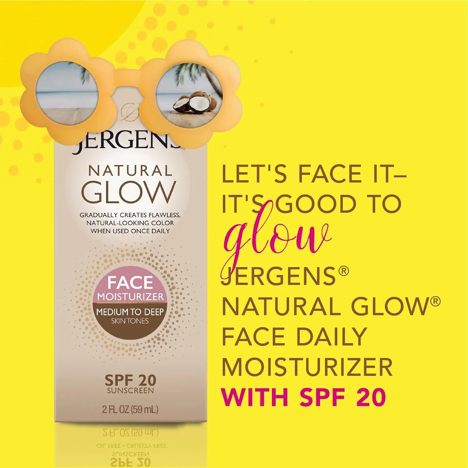 Natural Glow Self Tanner Face Moisturizer, SPF 20 Facial Sunscreen, Medium to Deep Skin Tone, Sunless Tanning, Oil Free, Broad Spectrum Protection UVA and UVB, 2 Oz (Packaging May Vary)