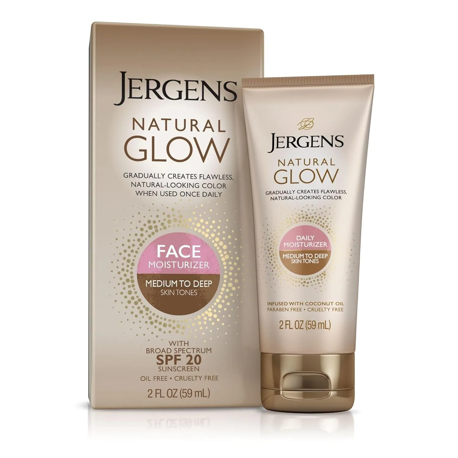 Natural Glow Self Tanner Face Moisturizer, SPF 20 Facial Sunscreen, Medium to Deep Skin Tone, Sunless Tanning, Oil Free, Broad Spectrum Protection UVA and UVB, 2 Oz (Packaging May Vary)