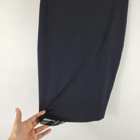New Bebe Shirred Ruched Sheer Mesh Back Knit Pencil Pull On Midi Skirt
