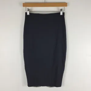 New Bebe Shirred Ruched Sheer Mesh Back Knit Pencil Pull On Midi Skirt
