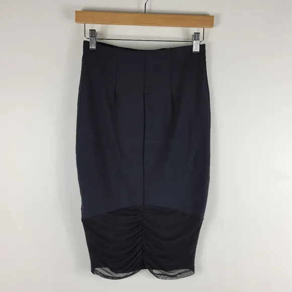 New Bebe Shirred Ruched Sheer Mesh Back Knit Pencil Pull On Midi Skirt