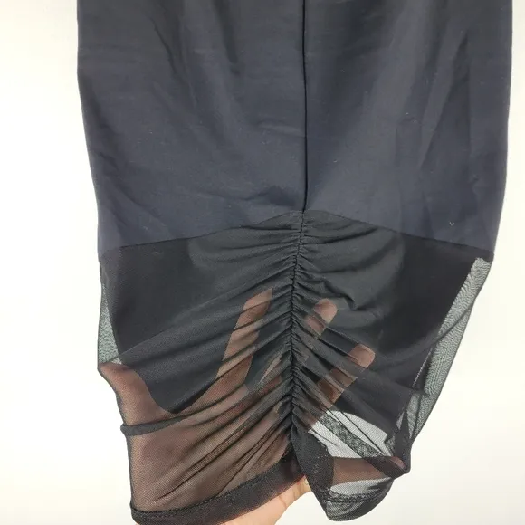 New Bebe Shirred Ruched Sheer Mesh Back Knit Pencil Pull On Midi Skirt