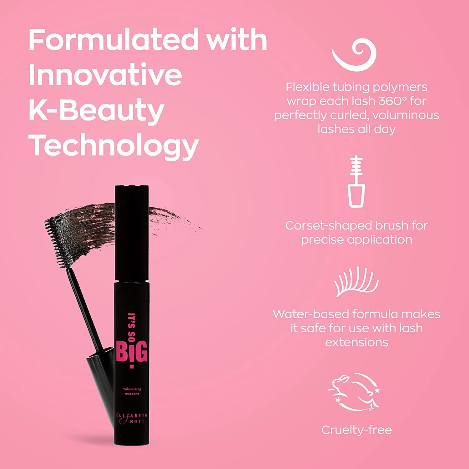 New Cruelty-Free Black Volumizing Smudge Proof Mascara: Elizabeth Mott It's So BIG Volumizing Mascara - Waterproof Liquid Lash Extending Mascara Tube with Hourglass Wand-No Clump, Curl (10ml)