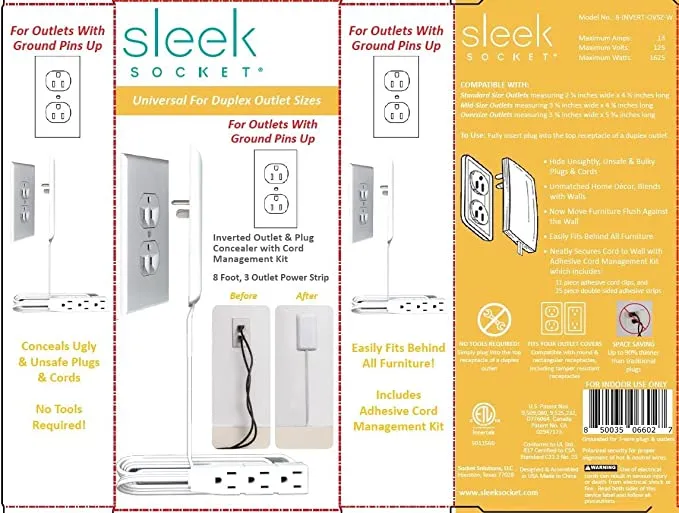 New Sleek Socket Outlet Cover with Inverted 8' 3-Outlet Power Strip - White (8-INVERT-OVSZ-W)