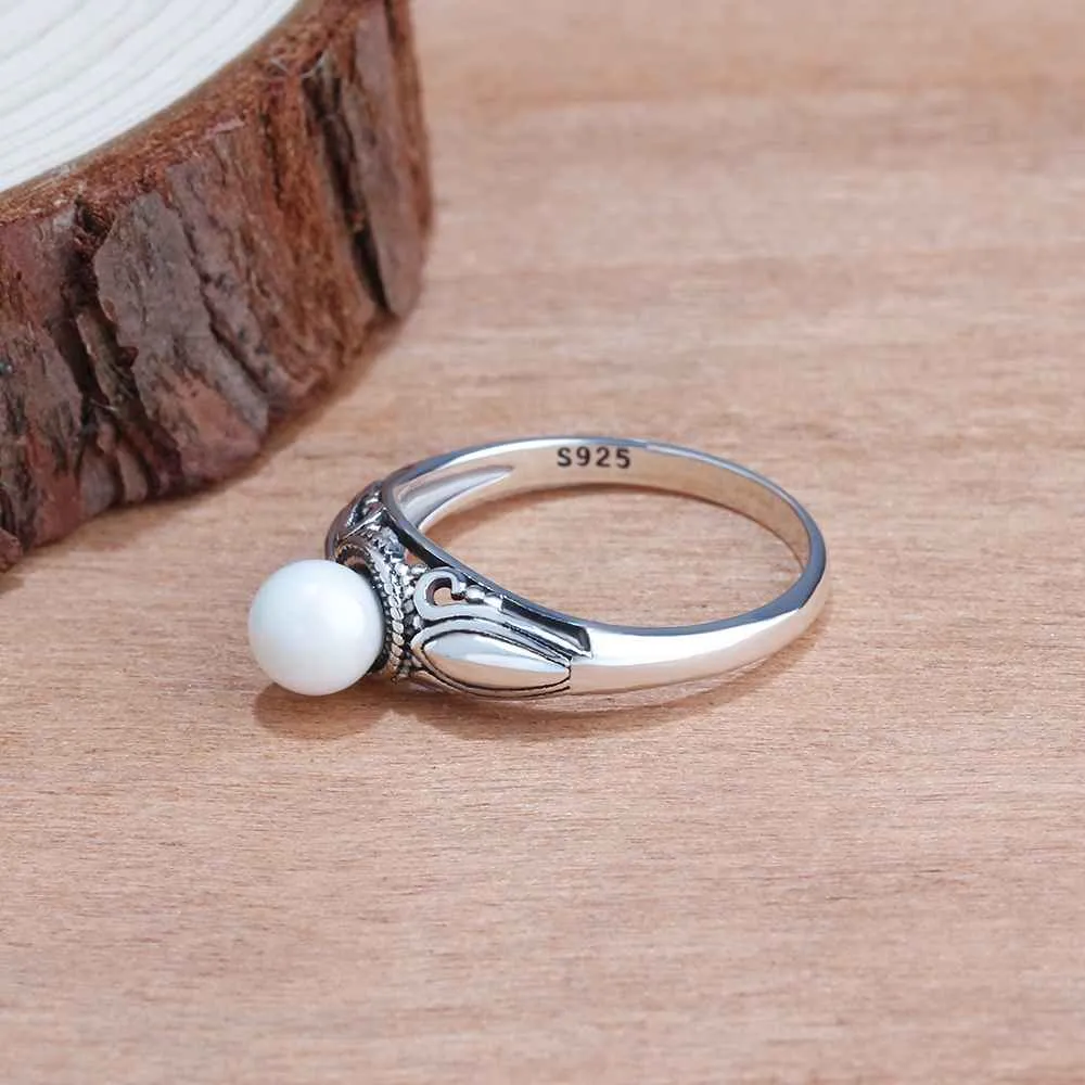 New Solid 925 Sterling Silver Rings for Women – Simulated Pearl Female Ring – Vintage Pattern Jewelry Gift for Girls 
