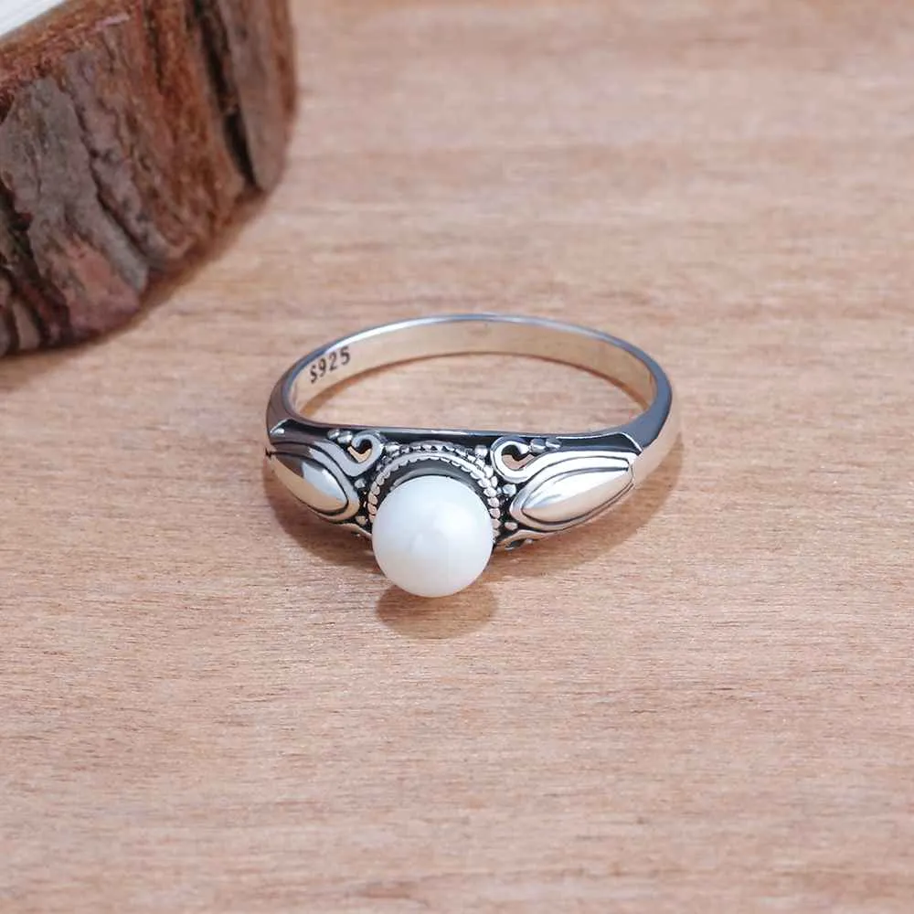New Solid 925 Sterling Silver Rings for Women – Simulated Pearl Female Ring – Vintage Pattern Jewelry Gift for Girls 