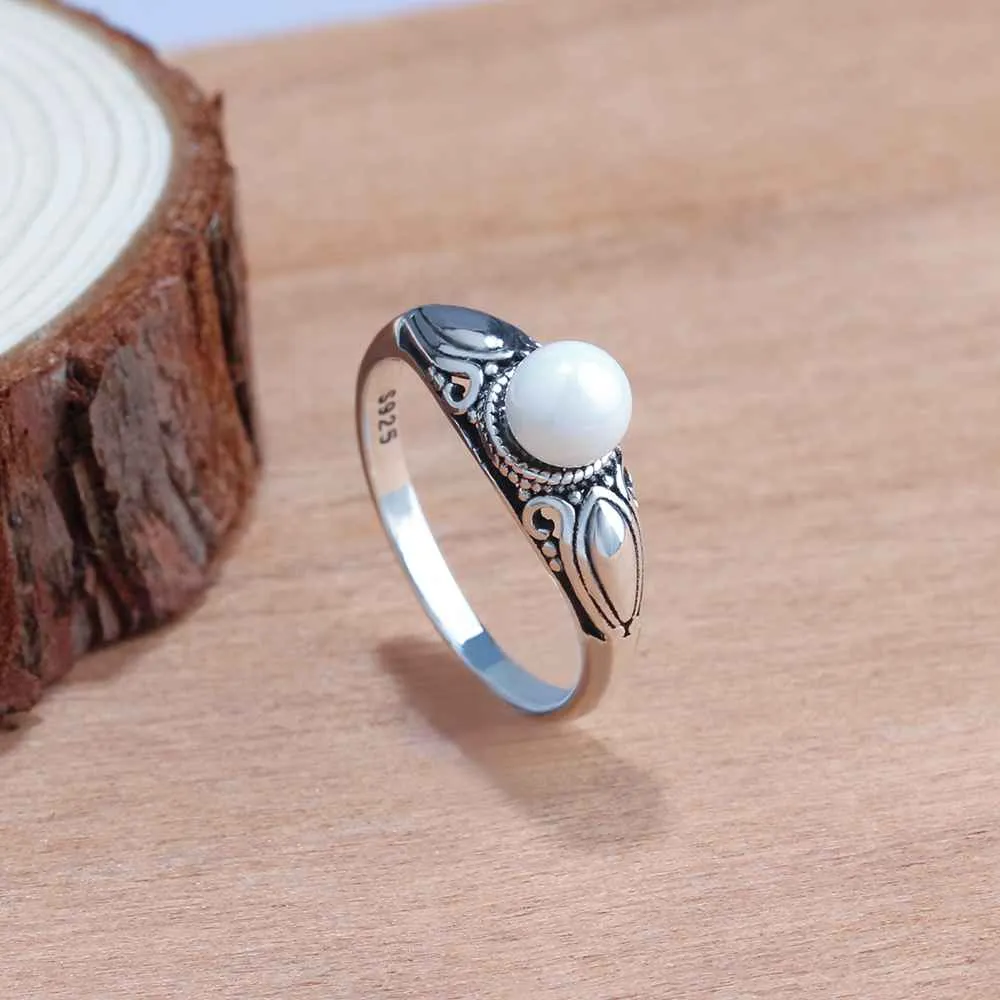 New Solid 925 Sterling Silver Rings for Women – Simulated Pearl Female Ring – Vintage Pattern Jewelry Gift for Girls 