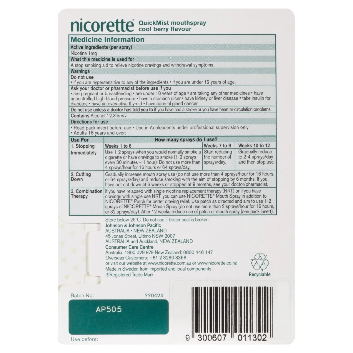 Nicorette Quit Smoking Mouth Spray Cool Berry 150 Pack