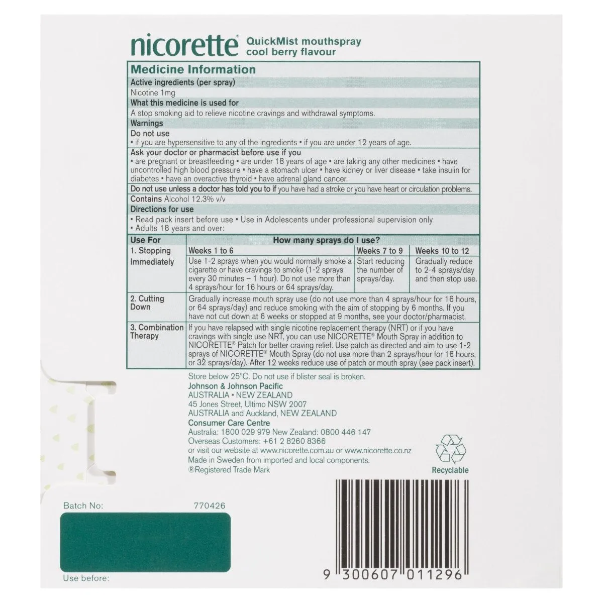 Nicorette Quit Smoking Mouth Spray Cool Berry 2X150 Pack