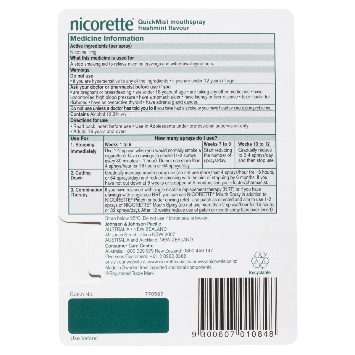 Nicorette Quit Smoking Mouth Spray Freshmint 150 Pack
